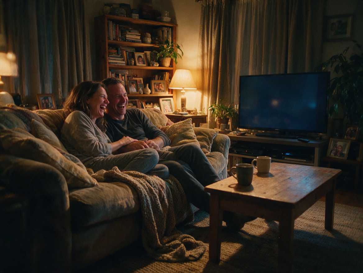 A couple laughing together on the sofa