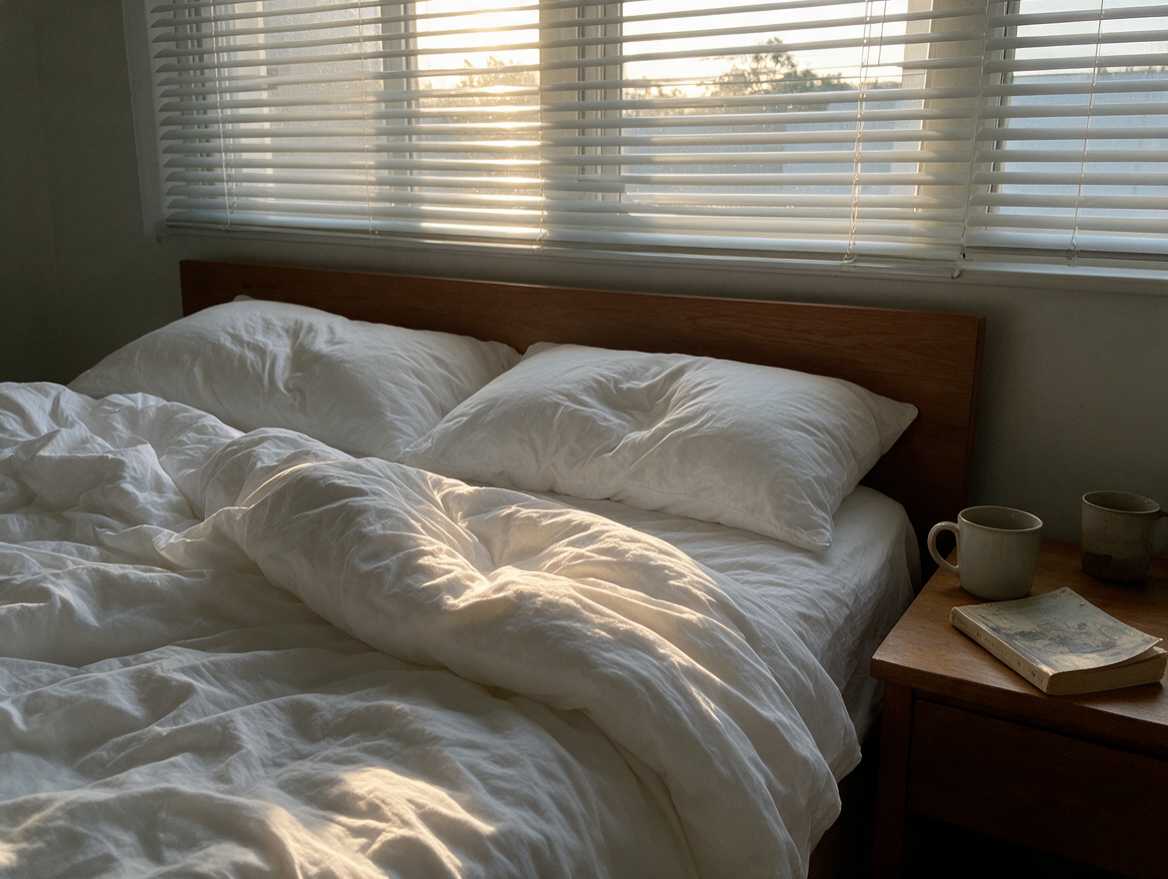 Morning light on an unmade bed with two mugs